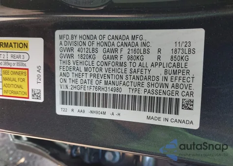 2024 Honda Civic Ex from USA, damaged, VIN 2HGFE1F76RH314980